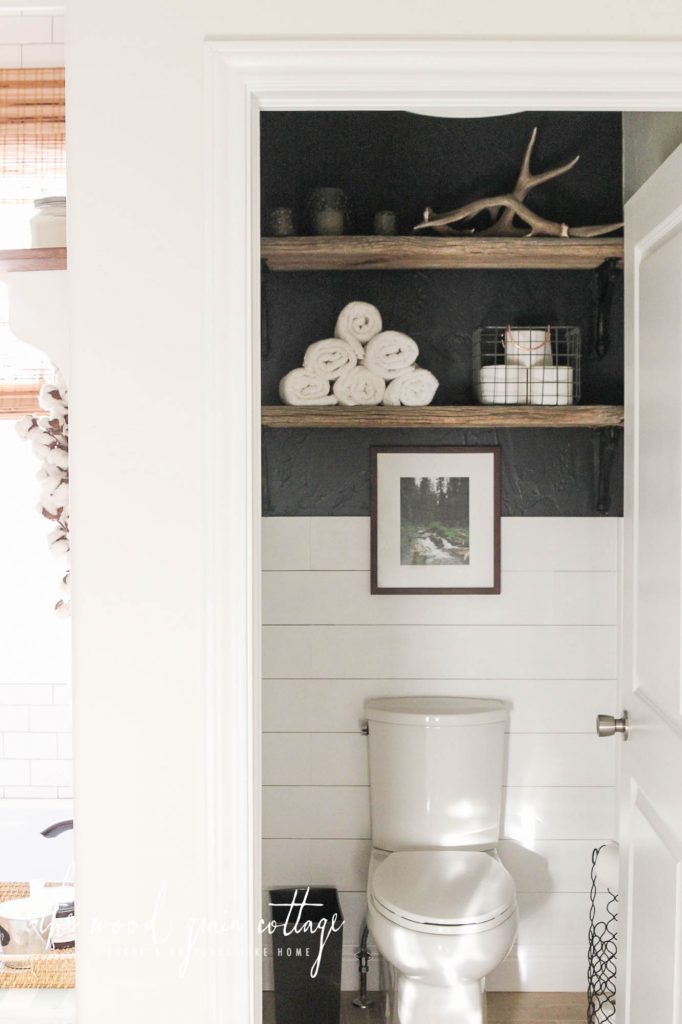 Decorating Shelves Above The Toilet by The Wood Grain Cottage