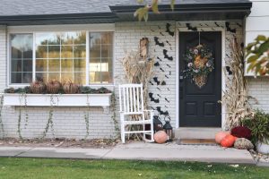 A picture of a house decorated for Halloween.