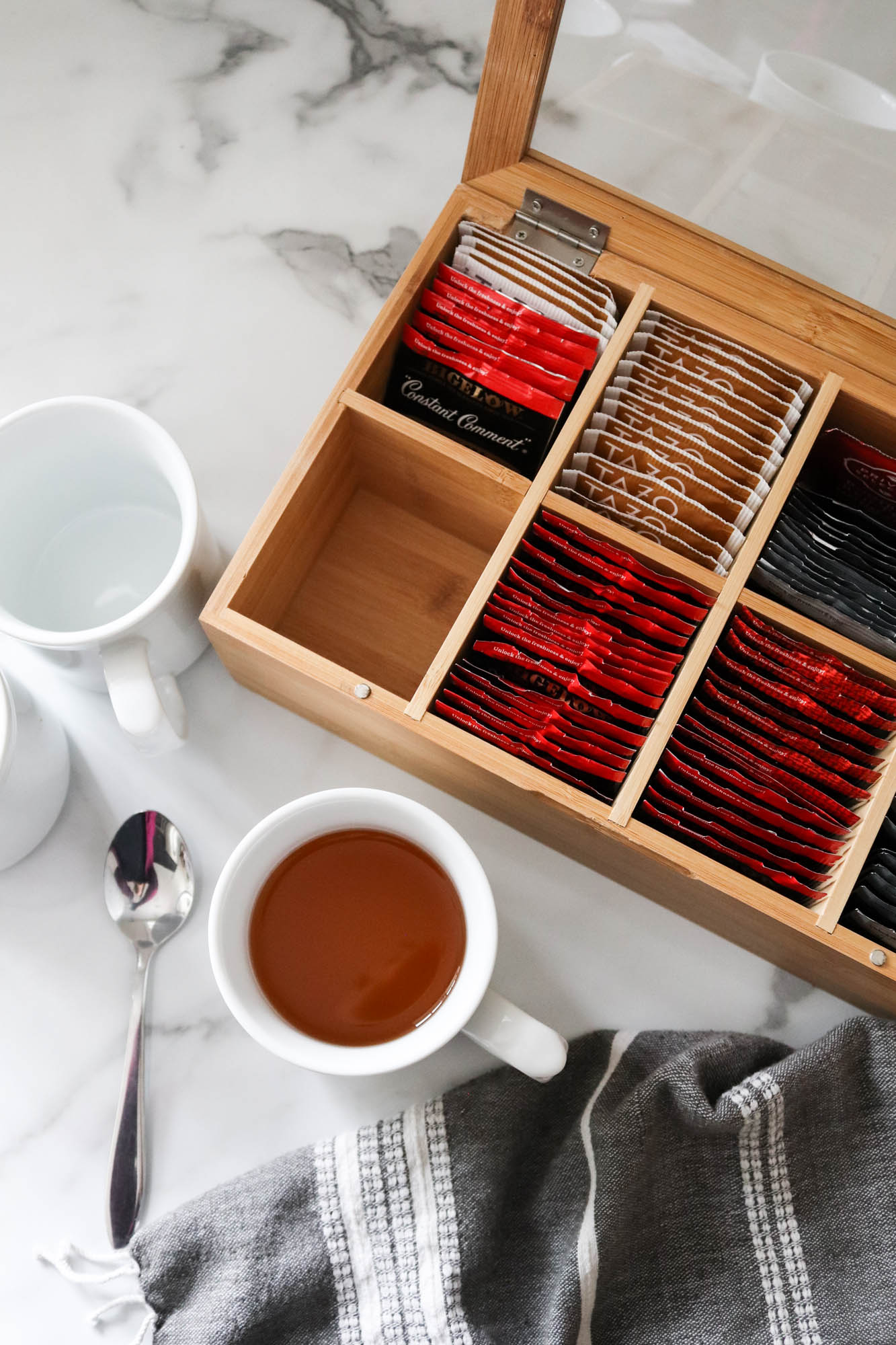 A picture of hot tea packets organized.