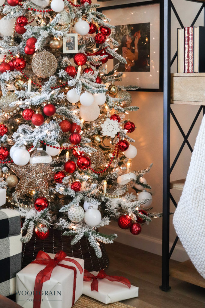 christmas trees decorated in red and silver