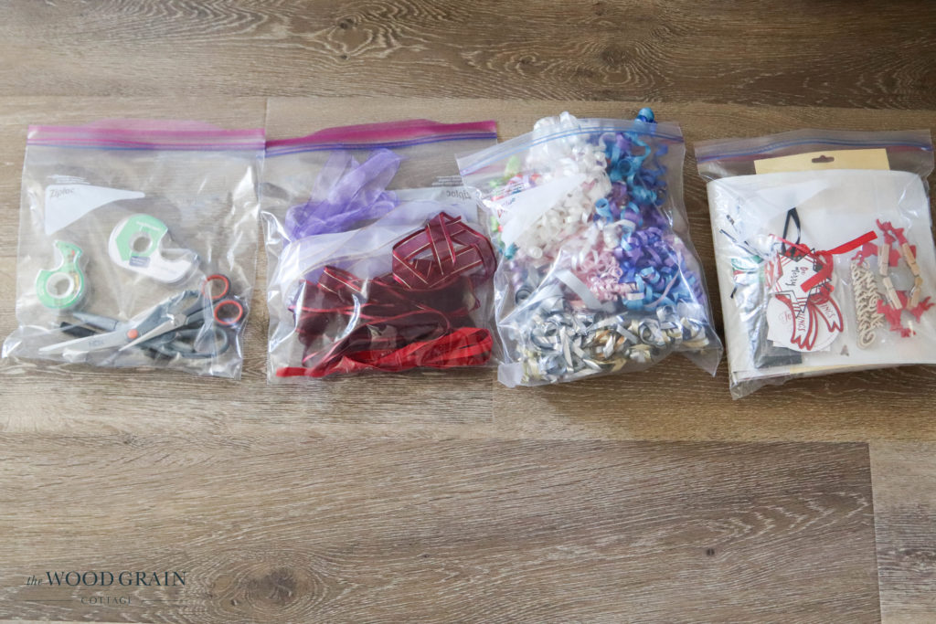 A picture of organized wrapping supplies in gallon bags. 