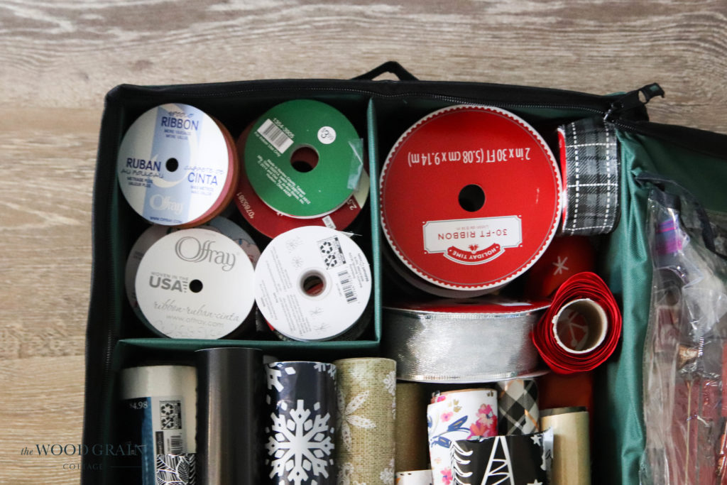 A picture of the organizer filled with ribbon. 