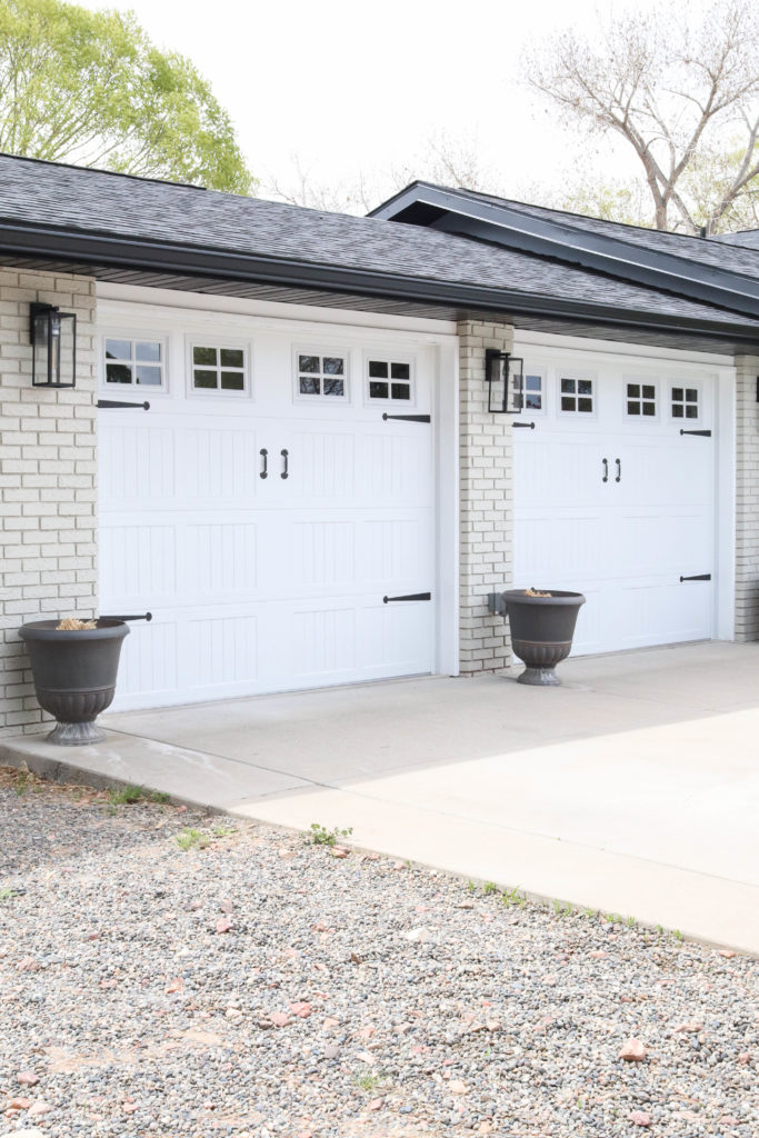 A picture of our new white garage doors. 