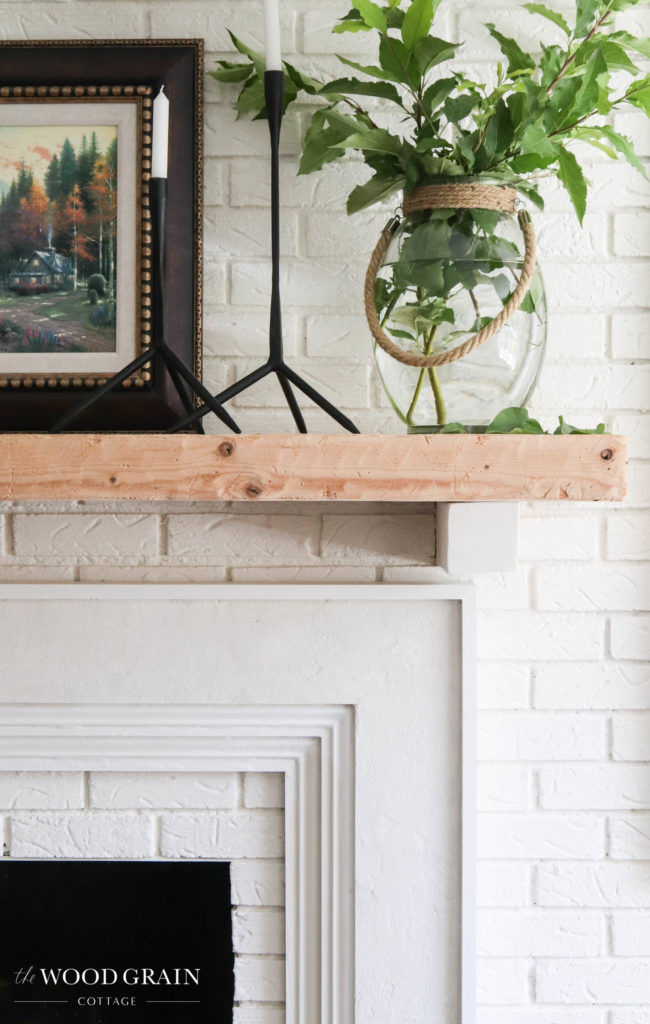 A picture of our raw wood mantel. 