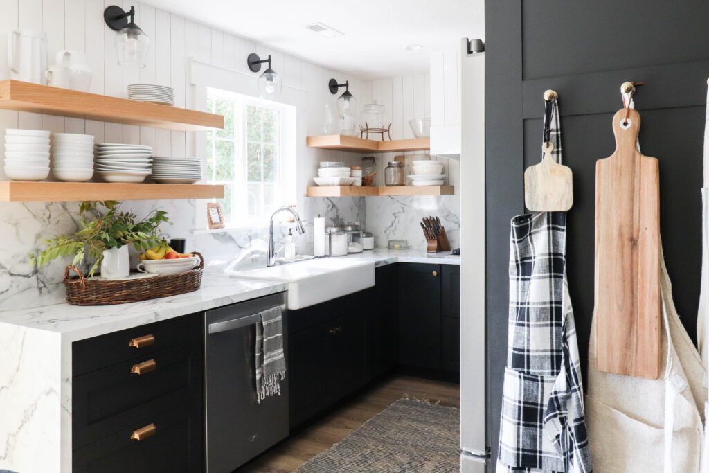 A picture showing sconce lighting above my kitchen shelves. 