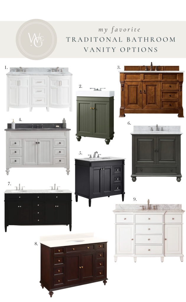 A collection of different traditional bathroom vanities. 